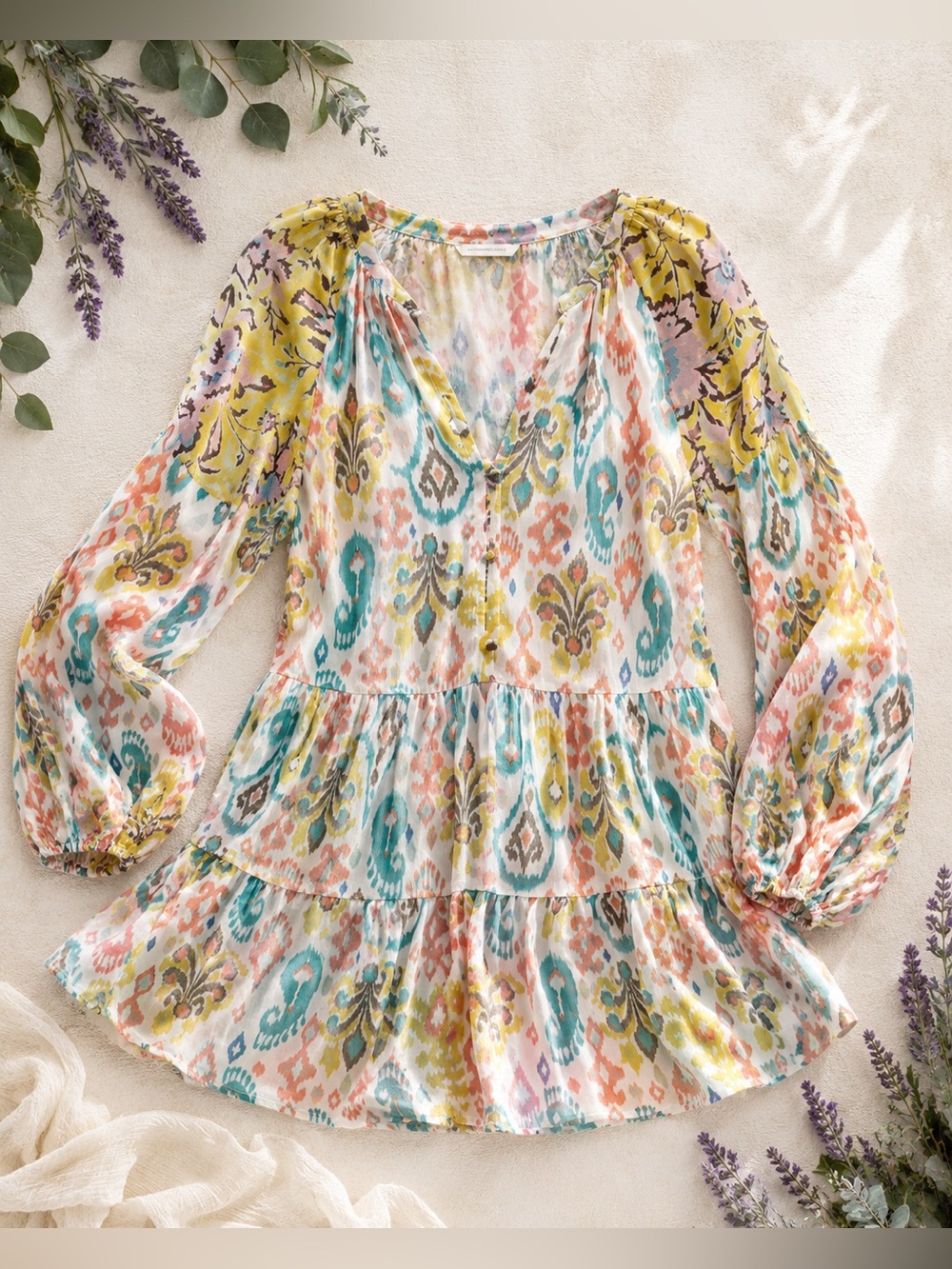 Anthropologie Sheer Boho Tunic Top | Colorful Ikat Print |